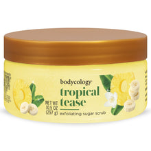 Bodycology Tropical Tease exfoliating sugar scrub jar with orange lid and yellow cream label.