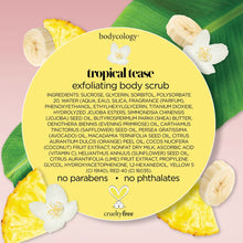 Tropical Tease exfoliating body scrub jar with ingredient and seal graphic on tropical leaf backing.