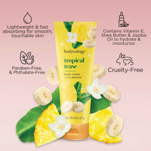 Body cream tube with tropical flowers, leaves, and fruit illustrations