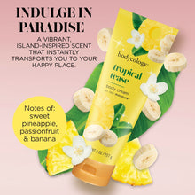 Body cream tube with tropical flower, pineapple, banana, and leaves around it