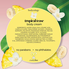 Body cream label graphic with tropical fruit images and cruelty-free symbol