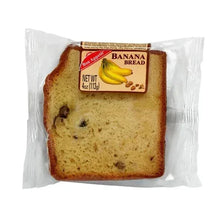 Banana bread slice in clear plastic bag with front label