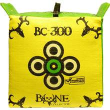 Archery target bag front panel in yellow with bullseye graphic and BC-300 text