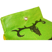 Archery target bag corner with metal grommet and black bone icon on lime fabric