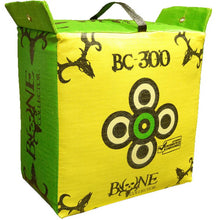 Archery target bag with lime green top handles and yellow face graphic, BC-300 markings