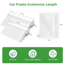 Vacuum sealer bag rolls with cut-to-length sizing labels and bag sheet
