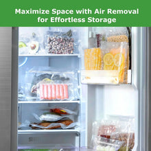 Vacuum sealed bag pouches stored in a freezer for space-saving organization