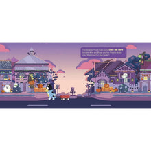 Illustrated magnet book page featuring a night street scene with houses, lights, and pumpkins
