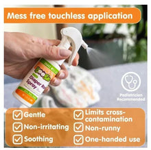 Diaper rash spray bottle with trigger; mess-free touchless application callouts