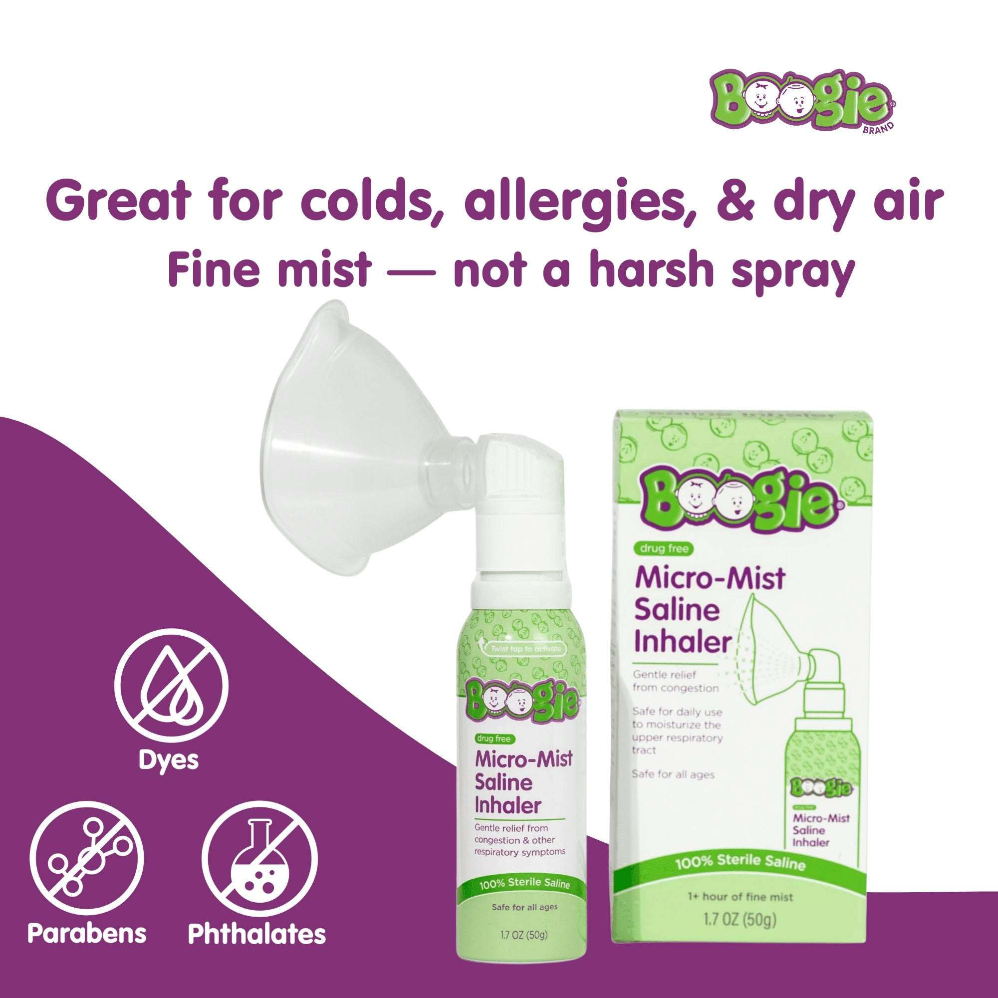 Boogie Sterile Drug-Free Micro-Mist Saline Inhaler for All Ages