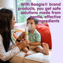 Boogie Micro-Mist Saline Inhaler bottle with mask as baby inhales on couch