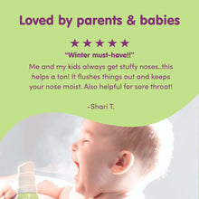 Boogie Micro-Mist Saline Inhaler bottle near baby with white mask for nasal mist