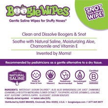 Boogie Wipes gentle saline nose wipes box back with ingredients and certification icons.