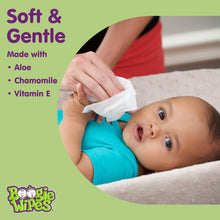 Boogie Wipes soft gentle wipes with aloe, chamomile, vitamin E applied to baby.