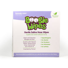 Boogie Wipes lavender scent gentle saline nose wipes box for clean and dissolve boogers.