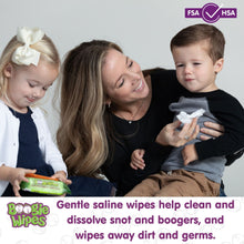 Hypoallergenic saline nose wipes pouch in use, parent wiping a child’s nose