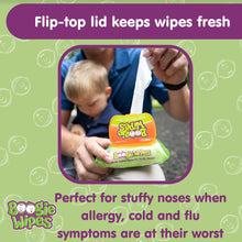 Boogie Wipes pouch with flip-top lid opened to dispense saline nose wipes