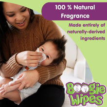 Boogie Wipes naturally fragrant saline nose wipes used by a parent on a baby