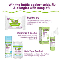 Boogie Wipes saline nose wipes with related product bottles and bath items on label