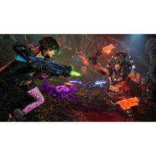 Action scene with armored characters using energy weapons in a dark cave