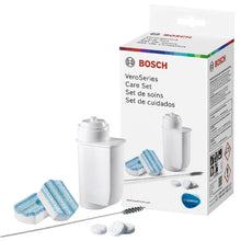 Bosch espresso machine care set with cleaning pads, brushes, and replacement parts in box.