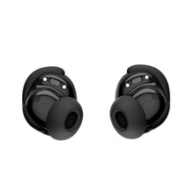 Noise cancelling earbuds, black in-ear style with silicone tips and small mic holes