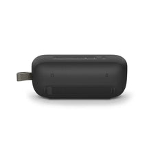 Black portable Bluetooth speaker back view with carry strap and rear panel