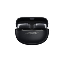Black charging case with two Bose Ultra open-ear earbuds inside