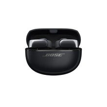 Bose open-ear earbuds charging case with earbuds seated inside, black