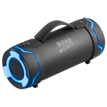 Portable waterproof Bluetooth speaker with blue LED rings, black body and carry handle