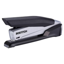 Bostitch manual desktop stapler with black and gray body, front loading opening.