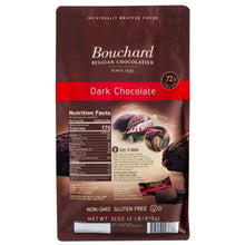 Dark chocolate pouch back with nutrition facts panel and non-GMO, gluten free.