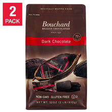 Dark chocolate pouch with individually wrapped pieces, Bouchard logo, non-GMO, 2-pack.