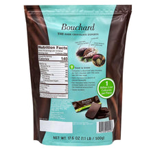 Bouchard probiotic Belgian chocolate pouch back with nutrition facts and green seal