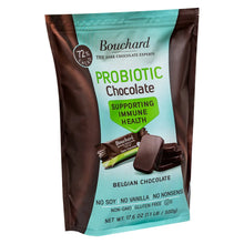 Bouchard probiotic Belgian chocolate pouch front, teal top and green health badge
