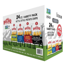 Kettle-style potato chips variety pack box with four flavor bags, 24-count
