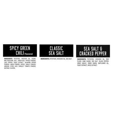 Ingredient panels for spicy green chili, classic sea salt, and cracked pepper
