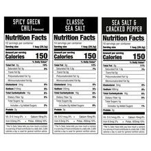 Nutrition facts for spicy green chili, classic sea salt, and cracked pepper