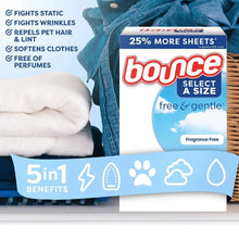 Bounce Select a Size dryer sheets box next to folded towels and jeans