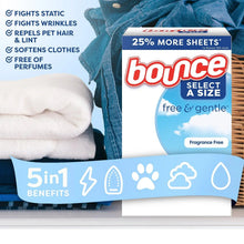 Bounce Select a Size free & gentle dryer sheet box on folded towels and denim