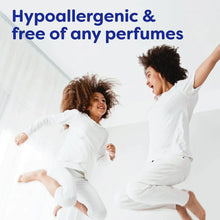 Hypoallergenic fragrance-free dryer sheet concept with people in white clothing