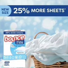 Bounce Select a Size dryer sheets box beside folded white laundry
