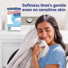 Bounce Select a Size dryer sheet box, fragrance-free, beside a folded towel