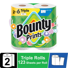 Bounty paper towel roll package, two triple rolls with 123 sheets per roll