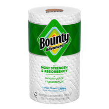 Bounty Advanced paper towel rolls in green-and-white wrapper, most strength text