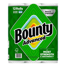 Bounty Advanced paper towel pack, green 12-roll container shown front label