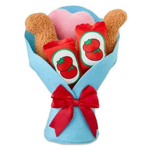 Blue plush bouquet with red dinosaur nugget faces, green accents, heart insert, red ribbon