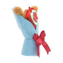 Blue plush bouquet with red bow and two red dinosaur nugget faces in blue wrap