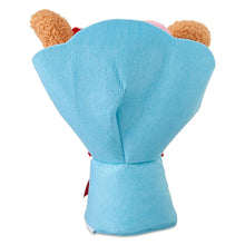 Blue plush bouquet back view with tan plush arms, soft felt texture