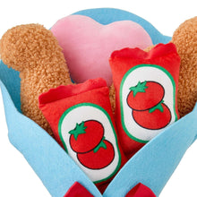 Blue plush bouquet with red dinosaur nugget faces and green accents, heart insert